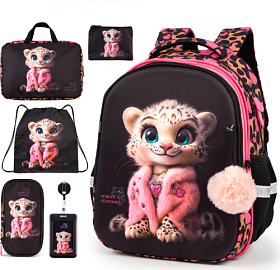 Ортопедичний шкільний рюкзак 6 в 1 для дівчинки School Standard 38х30х18 см з Тигром для молодших класів (SET 170-63)